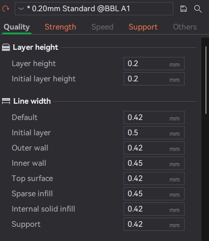 Quality tab – Layer height and Line width sections