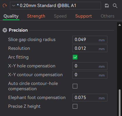 Quality tab – Precision settings