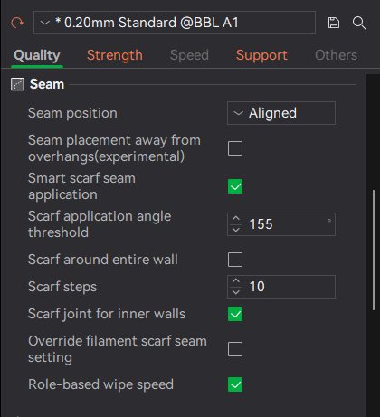 Quality tab – Seam settings